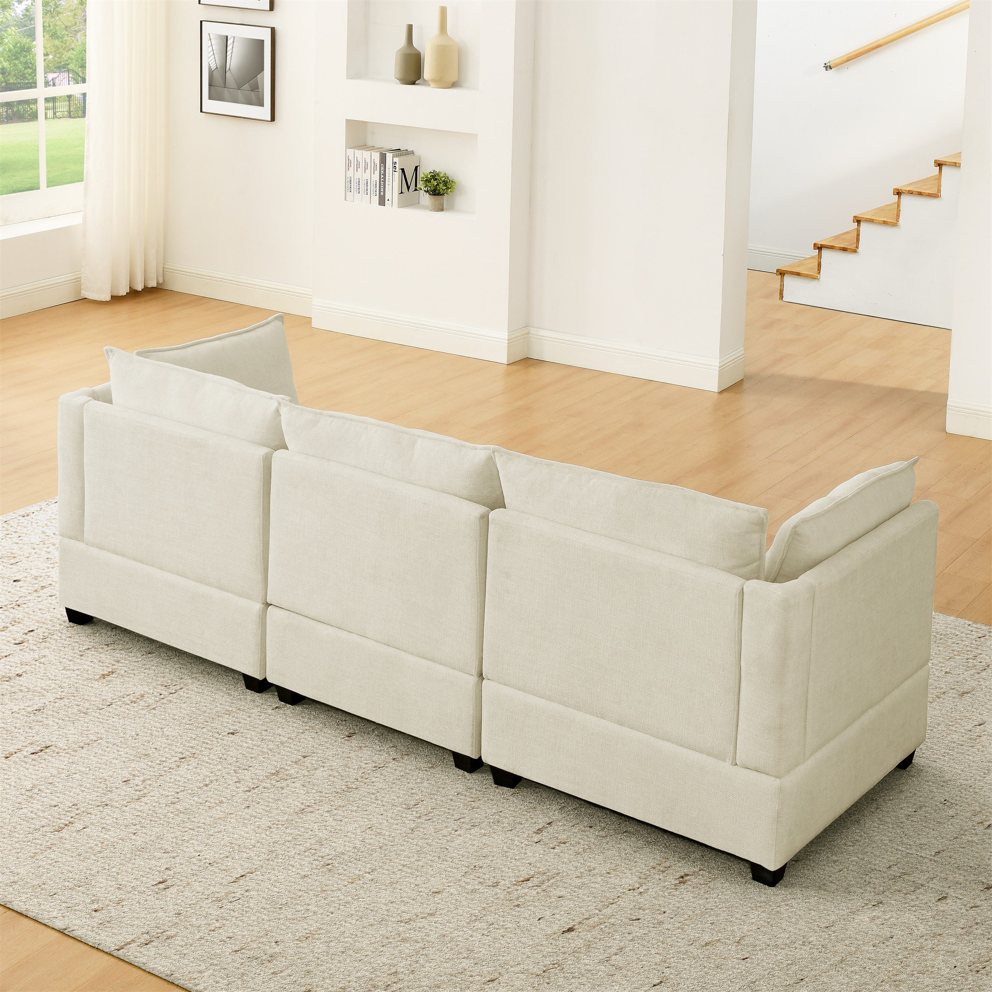 2-Piece Chenille Fabric Upholstered Living Room Furniture Set, Including 3-Seater Sofa and Loveseat Sofa with Seat and Back Cushion(Beige White) 